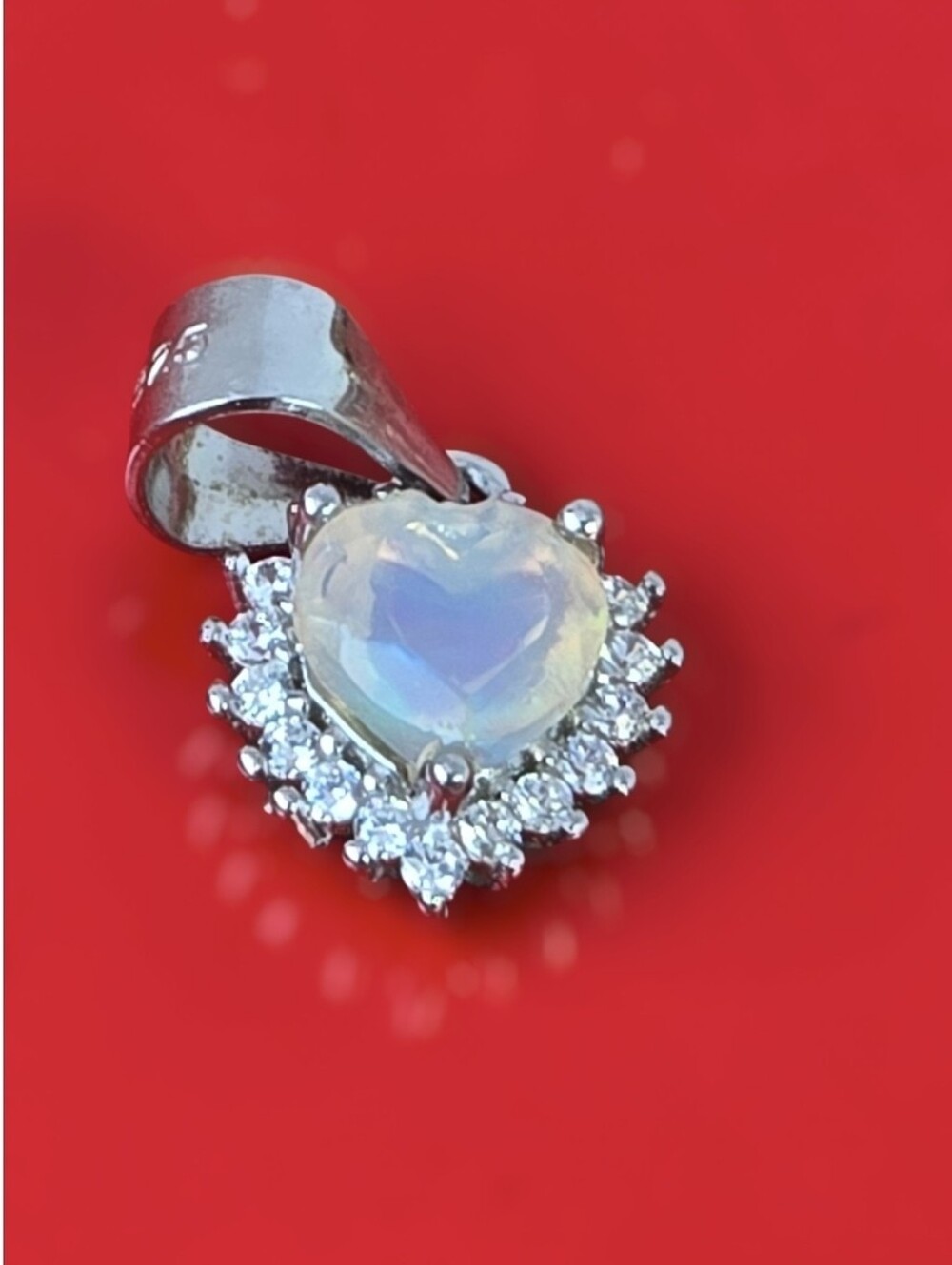 925 Sterling Silver Heart Pendant 7x8mm With Natural White Opal & CZ